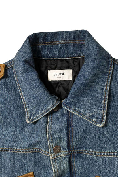 Celine Leather Trim Aviator Denim Indigo Brown Size XS