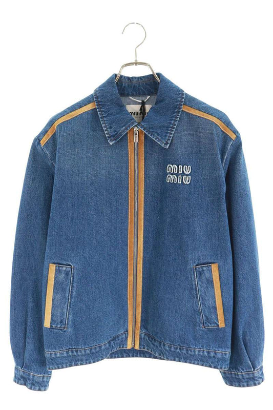 miumiu Logo Patch Leather Trim Zip-Up Denim Jacket Size 40