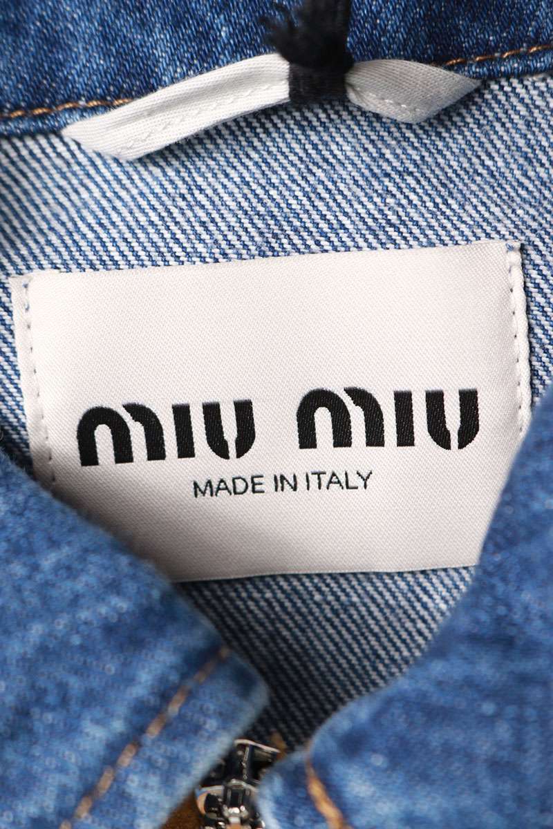 miumiu Logo Patch Leather Trim Zip-Up Denim Jacket Size 40