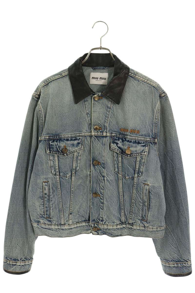 miumiu Indigo Leather Trim Logo Denim Jacket Size 40