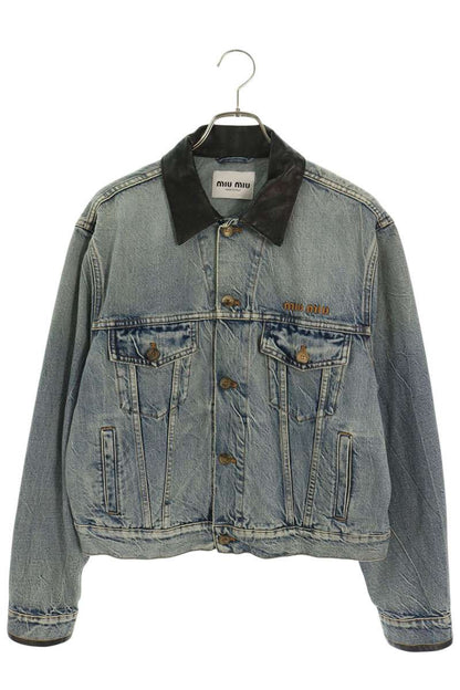 miumiu Indigo Leather Trim Logo Denim Jacket Size 40