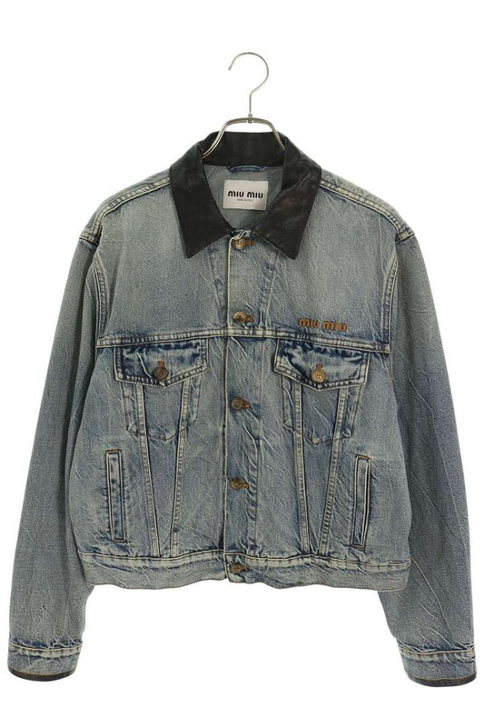 miumiu Indigo Leather Trim Logo Denim Jacket Size 40