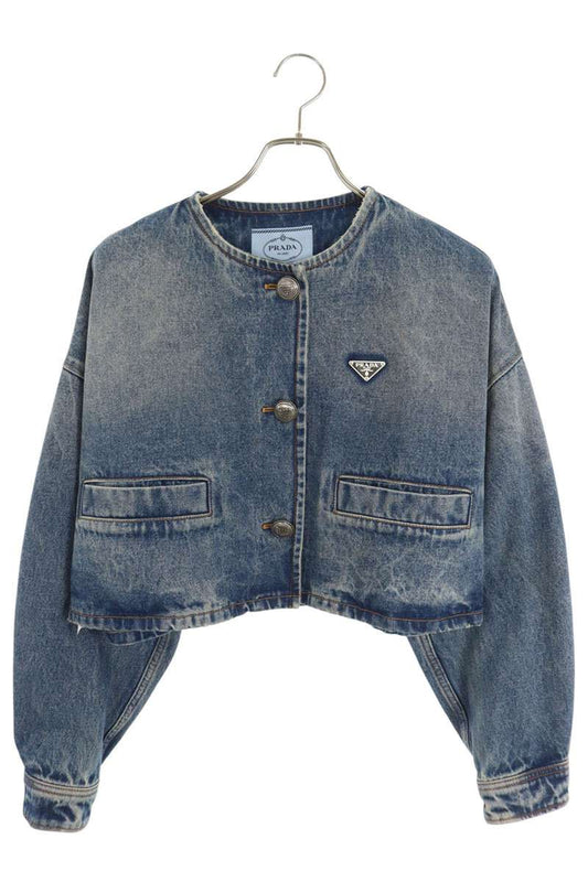 PRADA Triangle Logo Plate Collarless Jacket Blue Size 40