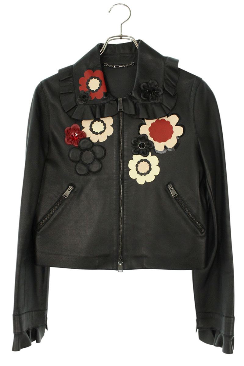 FENDI Flower Patch Lamb Leather Jacket Black Size XXS