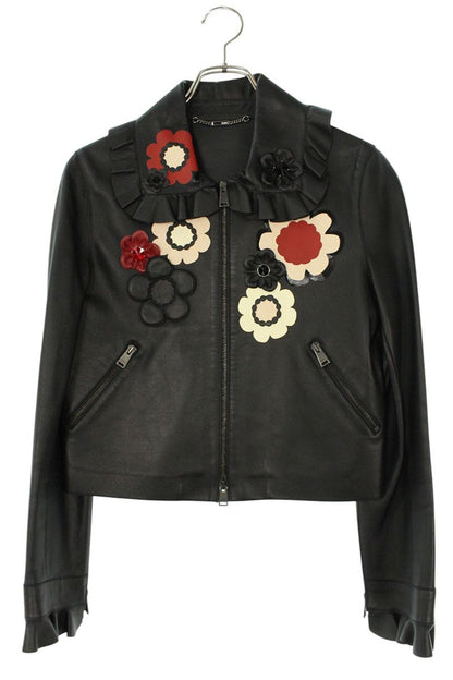 FENDI Flower Patch Lamb Leather Jacket Black Size XXS