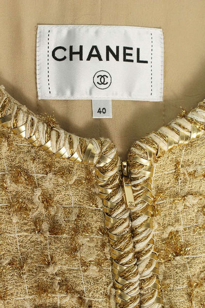 Chanel Tweed Zip-Up Jacket Beige x Gold Size 40
