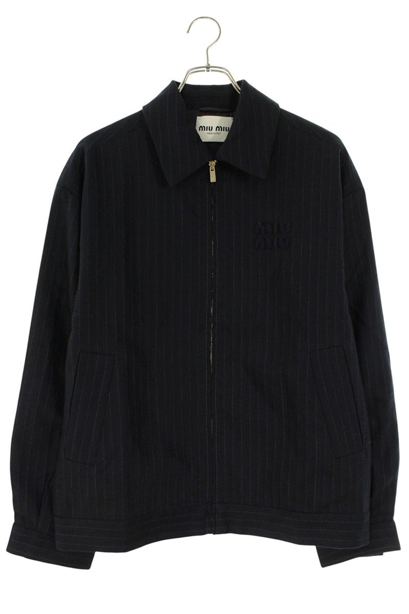 Miu Miu Logo Patch Zip Up Jacket Dark Navy Wool Size 38