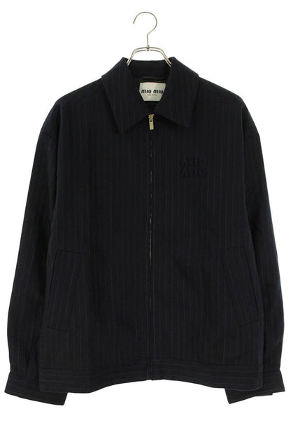 Miu Miu Logo Patch Zip Up Jacket Dark Navy Wool Size 38