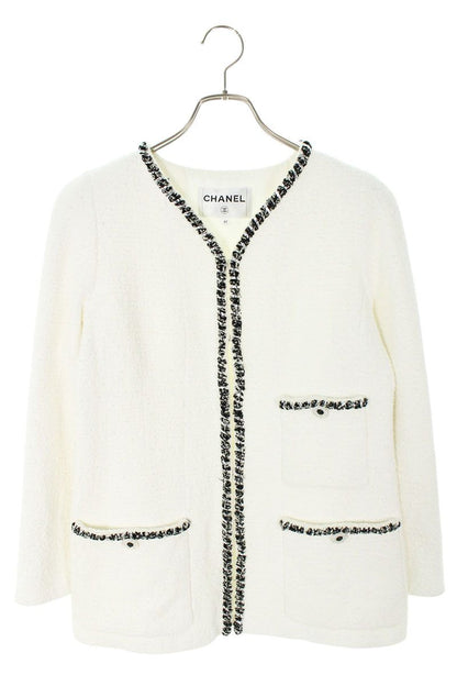 Chanel White Camellia Button Collarless Tweed Jacket Size 42