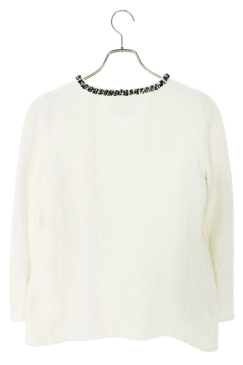 Chanel White Camellia Button Collarless Tweed Jacket Size 42