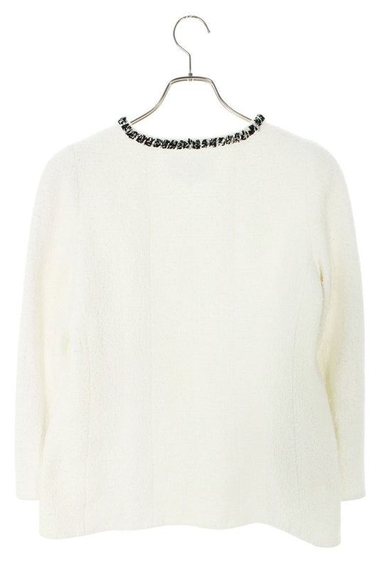 Chanel White Camellia Button Collarless Tweed Jacket Size 42