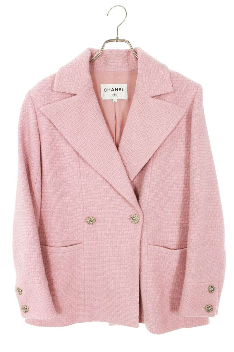 Chanel Pink Coco Mark Button Tweed Jacket Size 40