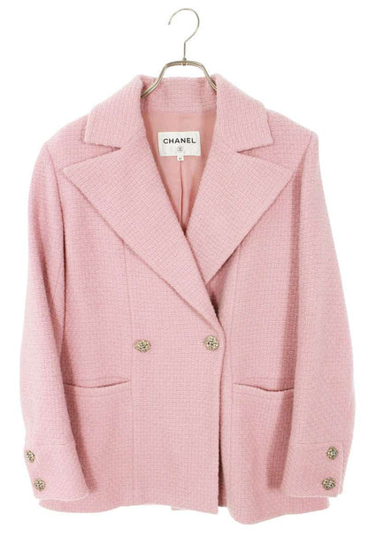 Chanel Pink Coco Mark Button Tweed Jacket Size 40