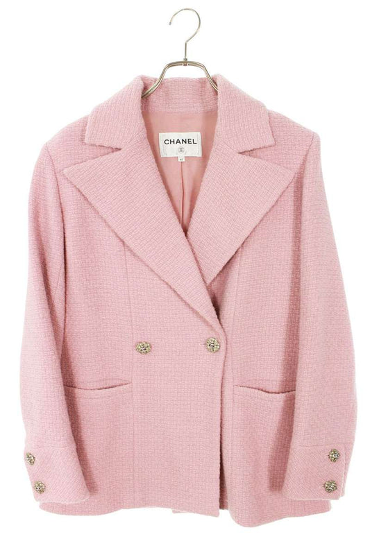 Chanel Pink Coco Mark Button Tweed Jacket Size 40