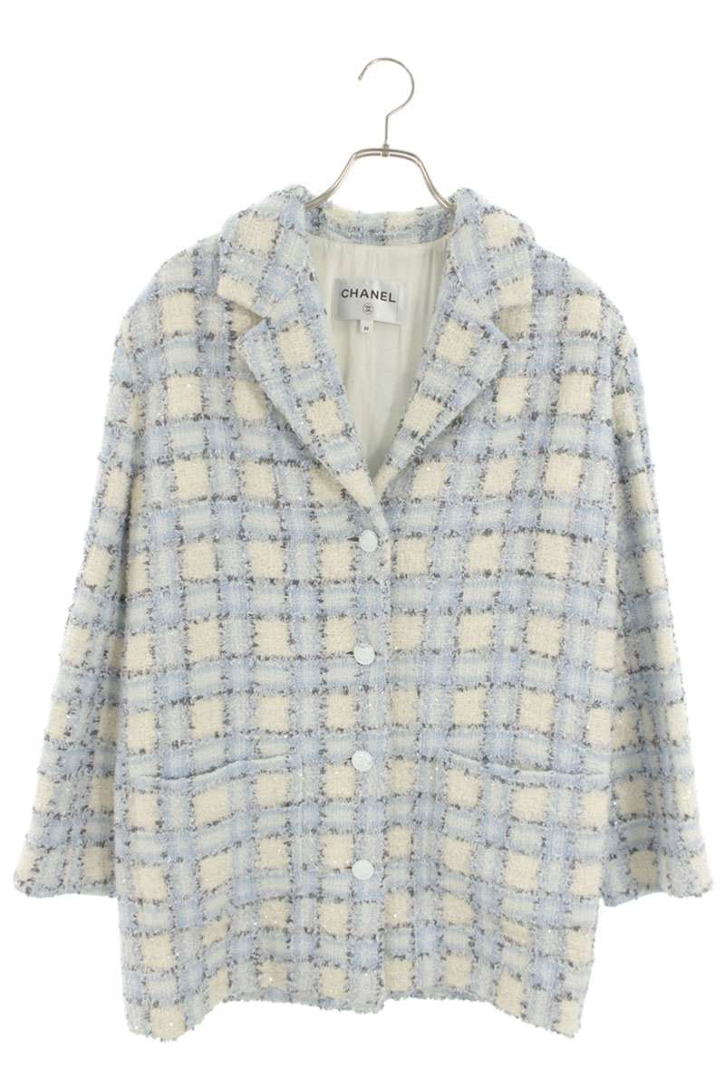Chanel Sequined Tweed Check Jacket Light Blue White Size 36