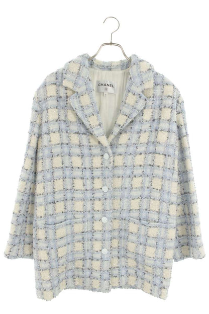 Chanel Sequined Tweed Check Jacket Light Blue White Size 36