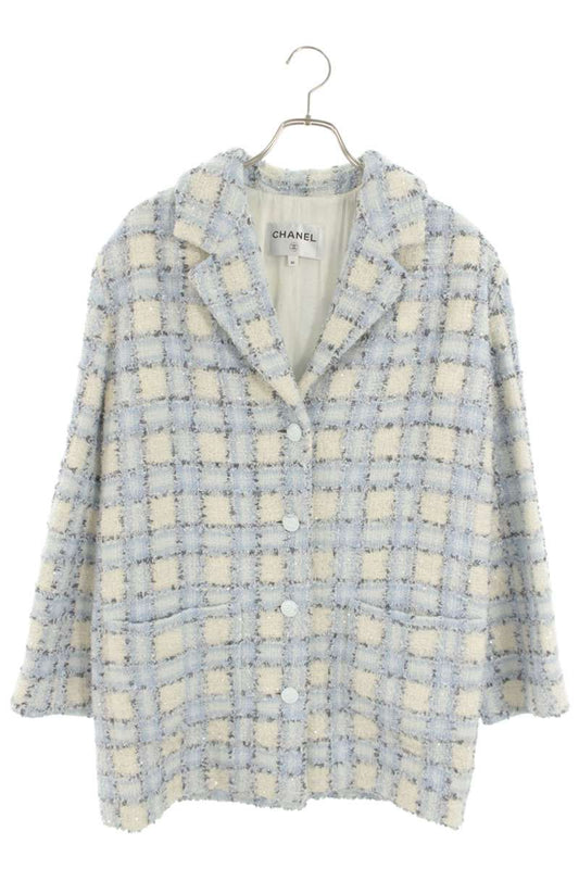 Chanel Sequined Tweed Check Jacket Light Blue White Size 36