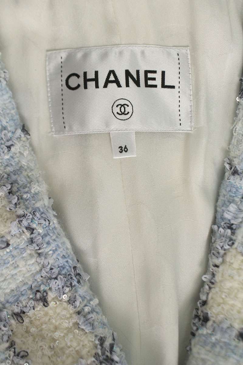 Chanel Sequined Tweed Check Jacket Light Blue White Size 36