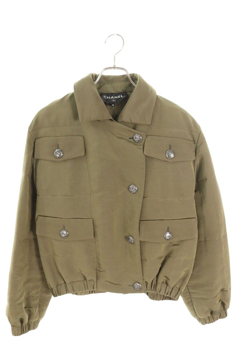 Chanel Coco Mark Button Silk Jacket Khaki Size 36