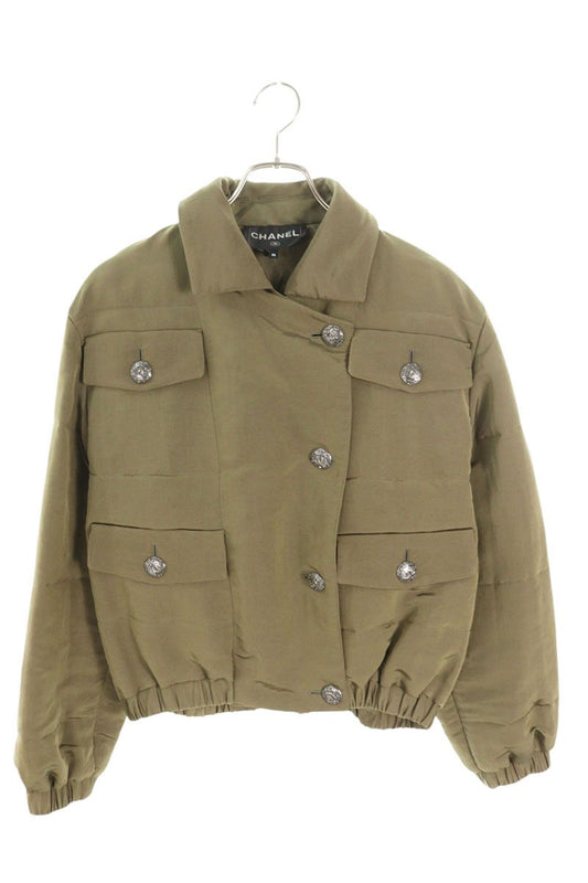 Chanel Coco Mark Button Silk Jacket Khaki Size 36