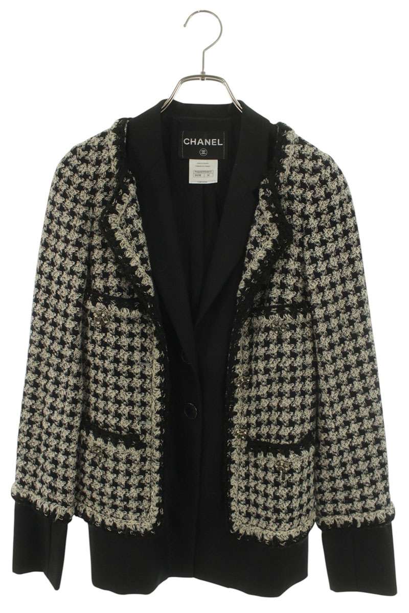 Chanel Black White Houndstooth Layered Tweed Jacket Size 34