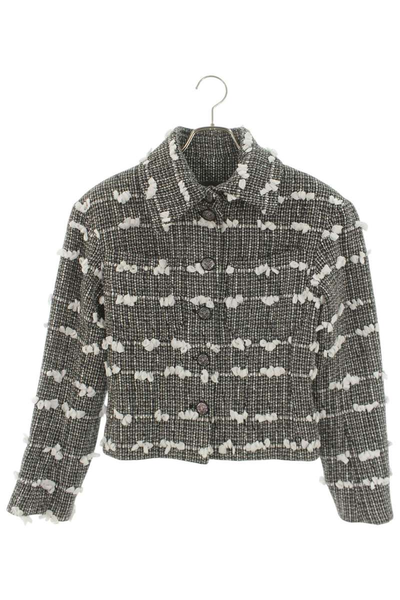 Chanel Ribbon Trim Tweed Jacket Black White Size 36