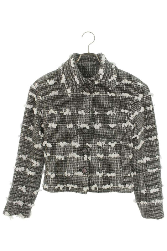 Chanel Ribbon Trim Tweed Jacket Black White Size 36