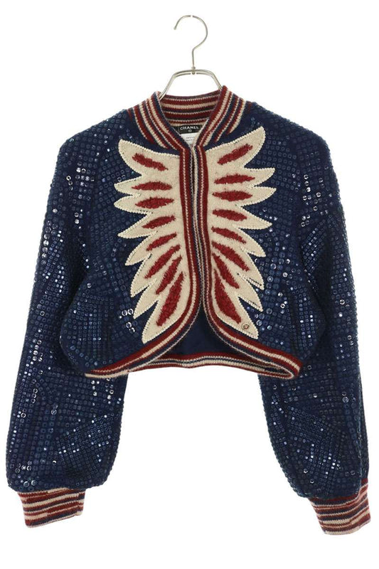 Chanel Sequin Embellished Cashmere Knit Navy Red Size 40