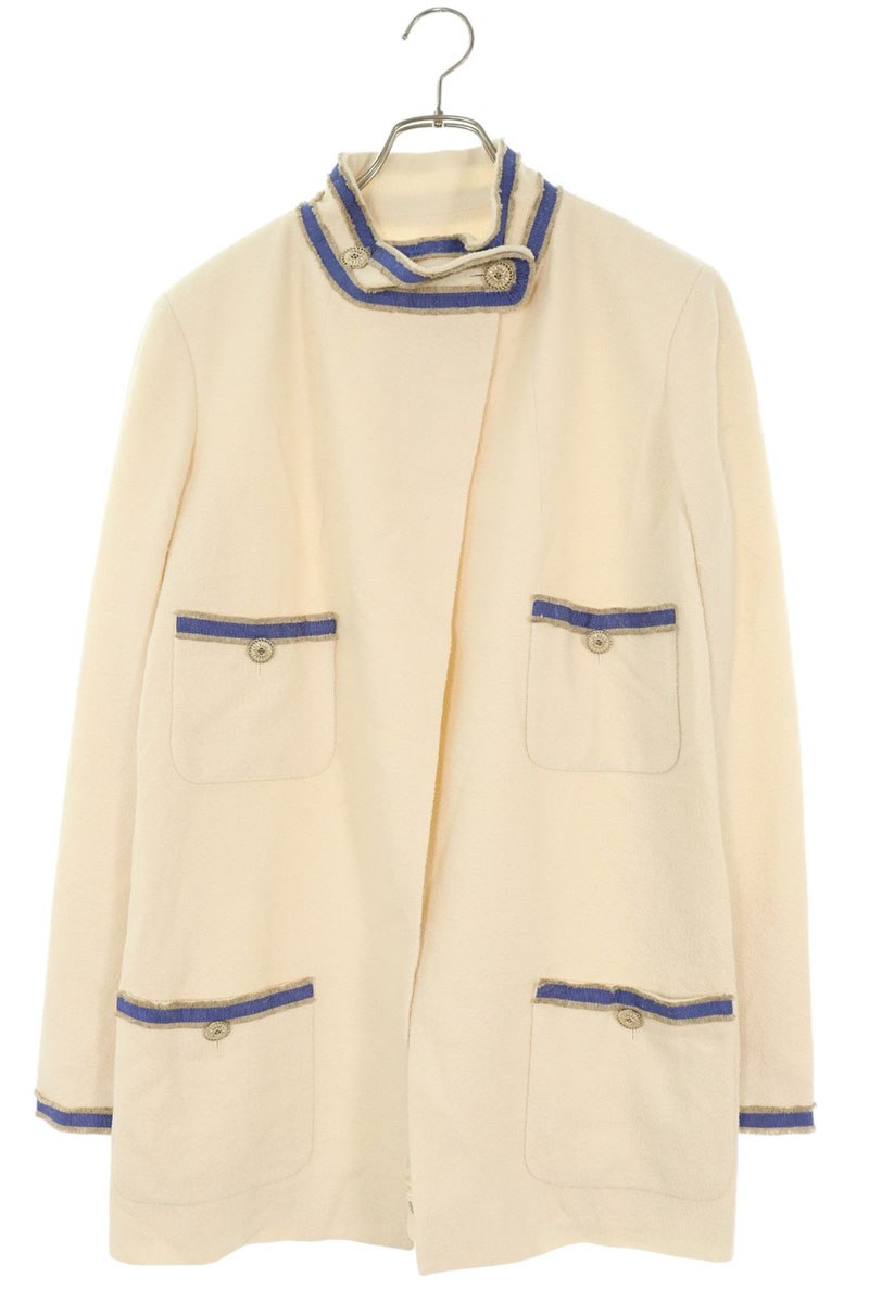 Chanel High Neck Open Front Long Jacket Off-White Size 40