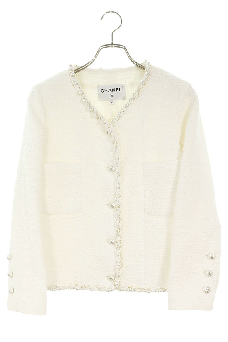 CHANEL No-Collar Tweed Jacket White Gold Size 36