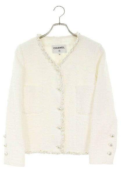 CHANEL No-Collar Tweed Jacket White Gold Size 36