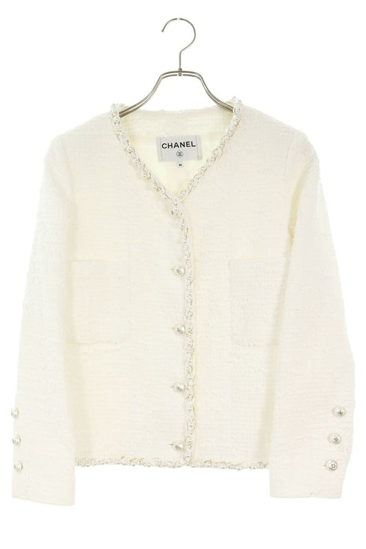 CHANEL No-Collar Tweed Jacket White Gold Size 36