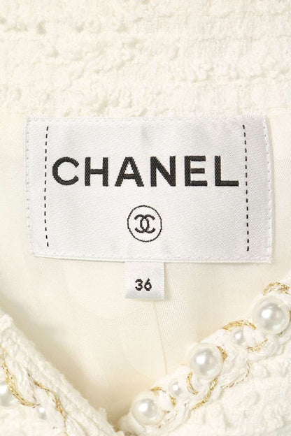 CHANEL No-Collar Tweed Jacket White Gold Size 36
