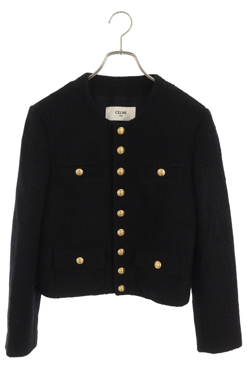 CELINE Collarless Tweed Jacket Black Size 36