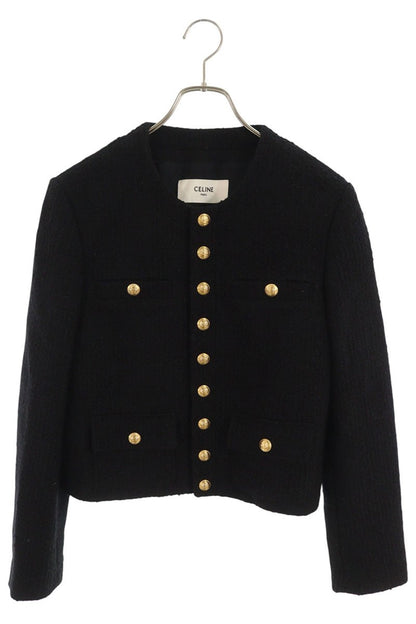 CELINE Collarless Tweed Jacket Black Size 36