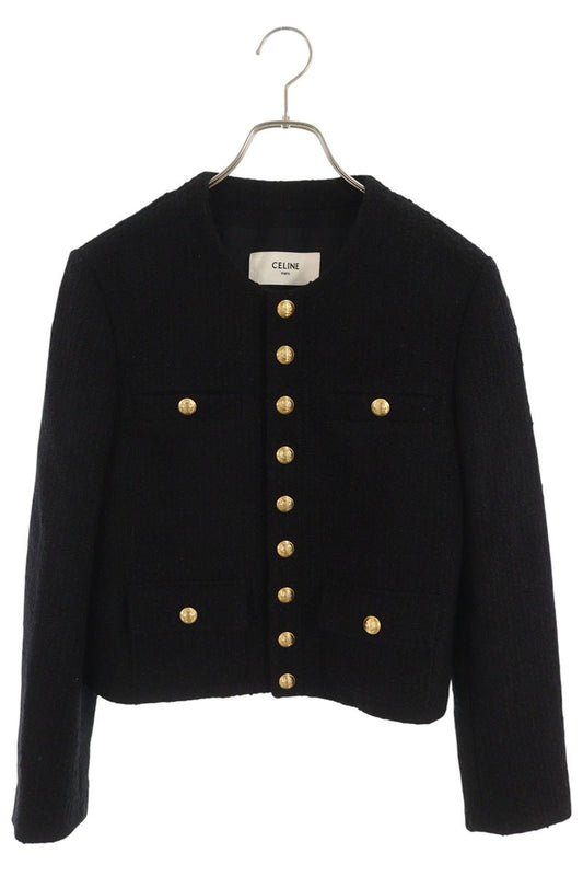 CELINE Collarless Tweed Jacket Black Size 36