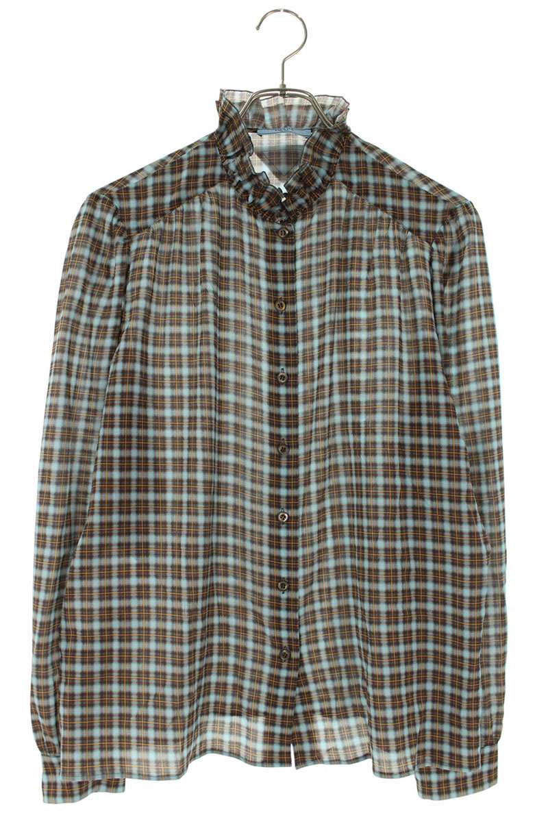Prada Check Silk Georgette Long-Sleeve Shirt Size 42