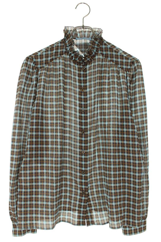 Prada Check Silk Georgette Long-Sleeve Shirt Size 42