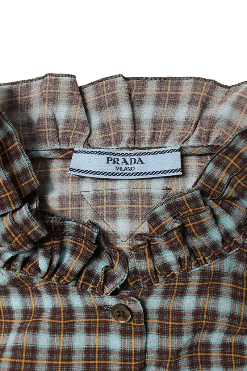 Prada Check Silk Georgette Long-Sleeve Shirt Size 42