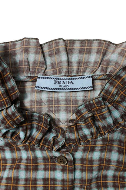 Prada Check Silk Georgette Long-Sleeve Shirt Size 42
