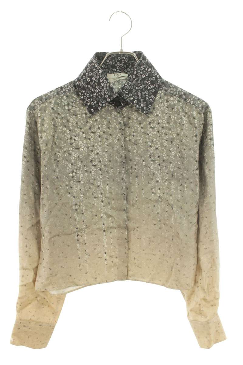 FENDI All-Over Print Silk Long Sleeve Shirt Gray Size XXS