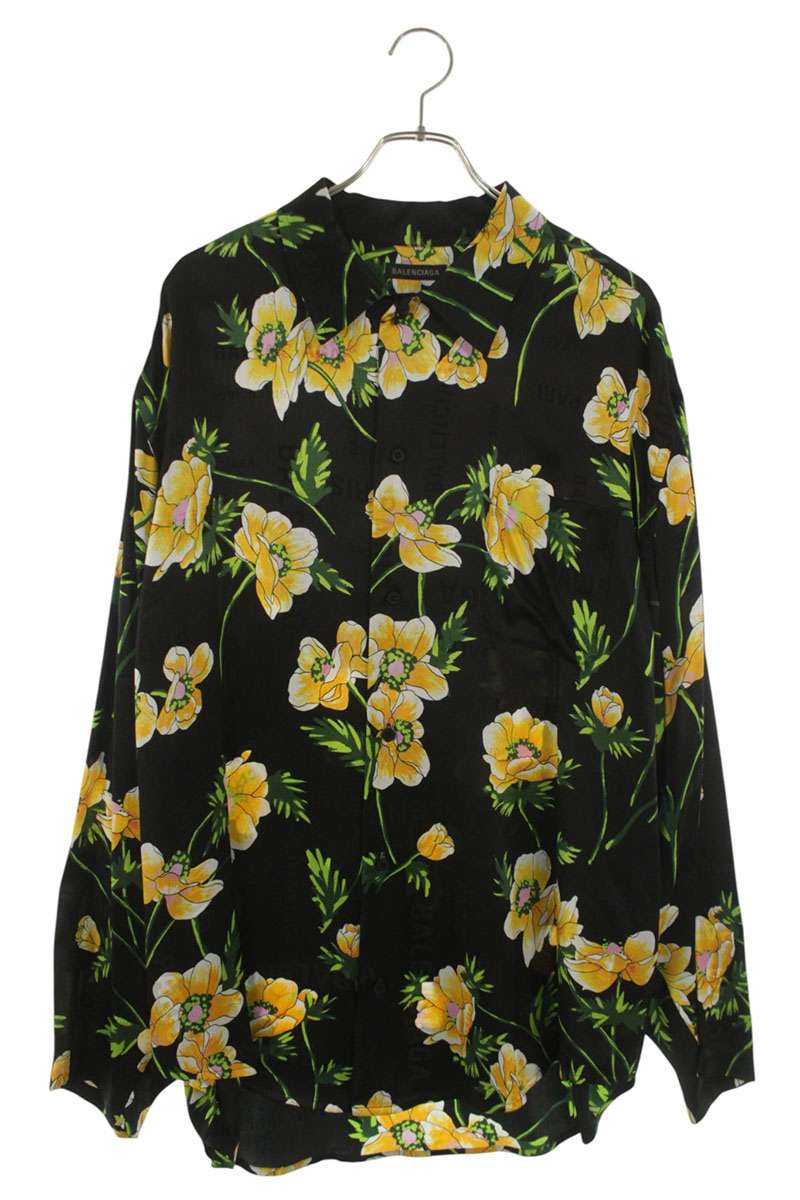 Balenciaga Black Floral Print Silk Long Sleeve Shirt Size 38