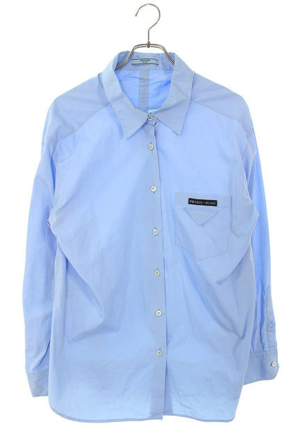 Prada Blue Cotton Back Ribbon Triangle Logo Shirt Size 36