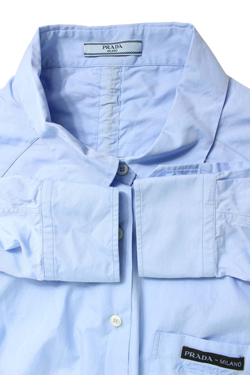 Prada Blue Cotton Back Ribbon Triangle Logo Shirt Size 36