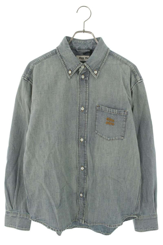 Miu Miu 26SS Washed Denim Logo Embroidered Shirt Size 40