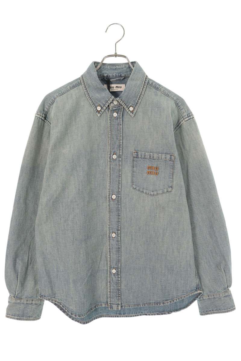 Miu Miu Indigo Washed Denim Logo Sleeve Shirt Size 40