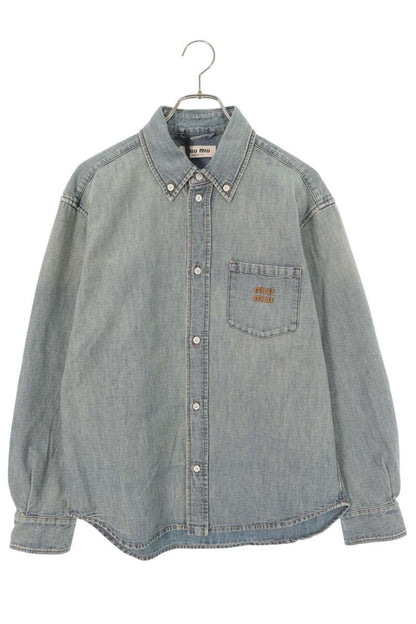 Miu Miu Indigo Washed Denim Logo Sleeve Shirt Size 40
