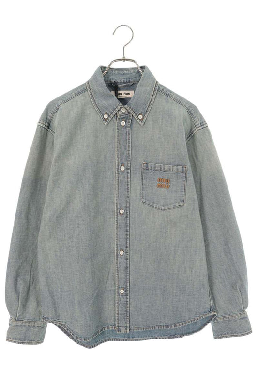 Miu Miu Indigo Washed Denim Logo Sleeve Shirt Size 40