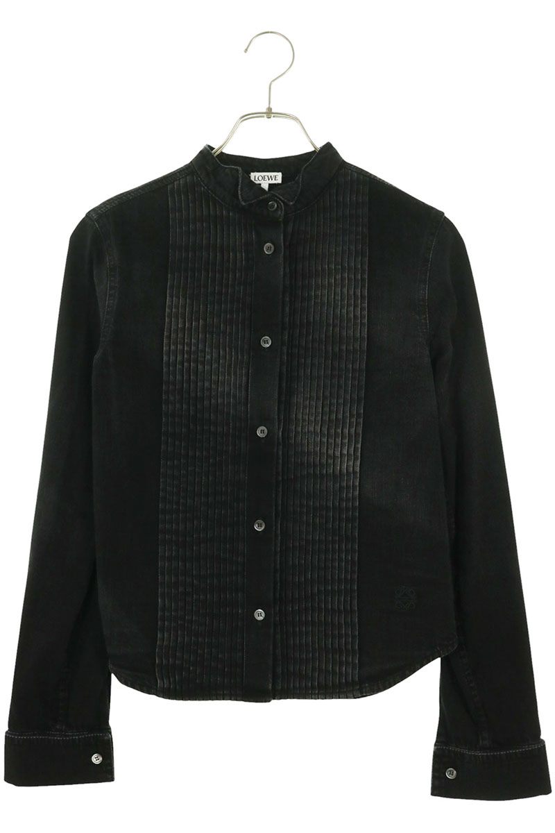 Loewe Black Pleated Band Collar Denim Sleeve Shirt Size 32