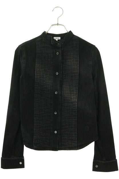 Loewe Black Pleated Band Collar Denim Sleeve Shirt Size 32